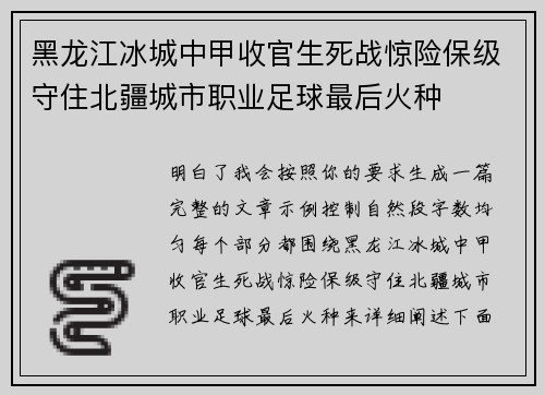 黑龙江冰城中甲收官生死战惊险保级守住北疆城市职业足球最后火种