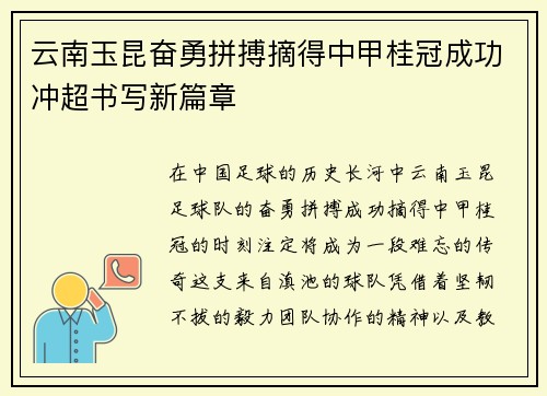 云南玉昆奋勇拼搏摘得中甲桂冠成功冲超书写新篇章
